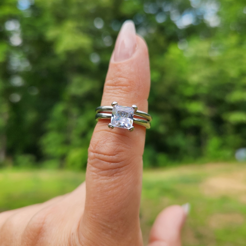 Asscher White Sapphire Engagement Ring, Princess Cut Solitaire Engagement Ring